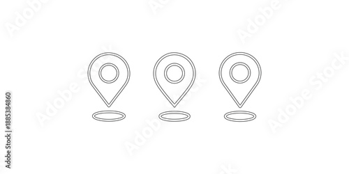 Location pinpoint marker icon in black and white line art with three variations showing different styles on a clean white background