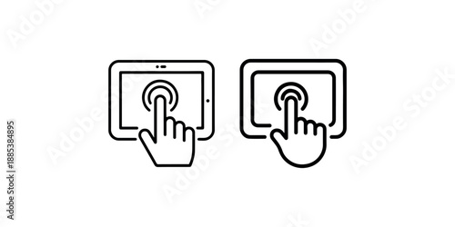 Hand touching a tablet screen icon in black and white line art with two variations showing different styles on a clean white background
