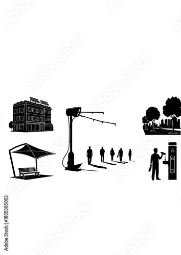 Urban Heat Adaptation Silhouette, Misting Station for Climate Change, Sustainable City Cooling and Future Public Wellness Vector Art