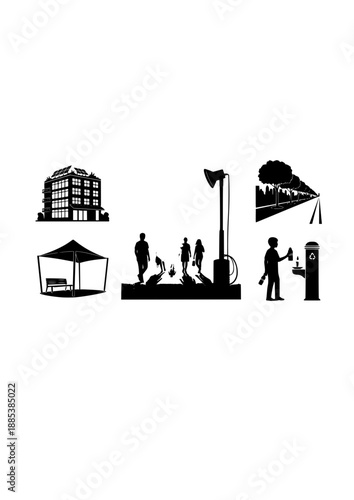 Urban Heat Adaptation Silhouette, Misting Station for Climate Change, Sustainable City Cooling and Future Public Wellness Vector Art