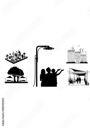 Urban Heat Adaptation Silhouette, Misting Station for Climate Change, Sustainable City Cooling and Future Public Wellness Vector Art