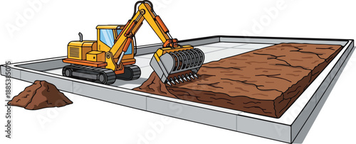 Construction workers operate excavator on a building site preparing foundation