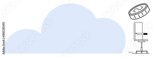 Cloud computing, financial transactions, online services, digital storage, modern workspace, future tech. A faint blue cloud, a minimalist chair and a floating coin. Cloud computing and financial