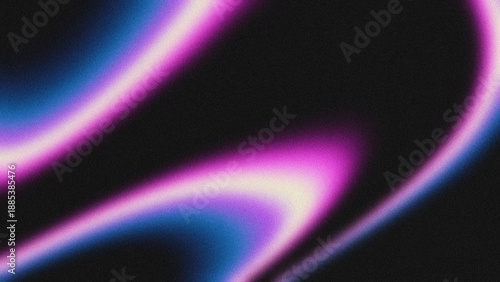 A vibrant, retro-futuristic abstract background featuring fluid, curved wave lines in a gradient of neon purple, cyan, and soft white, overlaid on a grainy, textured black backdrop. 