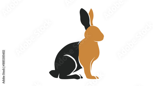 A sitting rabbit depicted in a minimalist style, split into black and brown colors