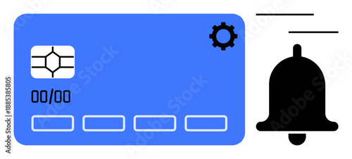 Credit card with chip and settings gear beside ringing bell for notifications, payment alerts, and account security. Ideal for banking, finance, notifications, alerts, transactions, payment simple