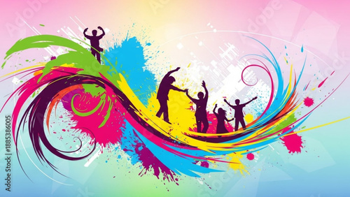 Vibrant abstract background with dancing silhouettes colorful paint splashes and swirls representing joy and celebration for event promotion