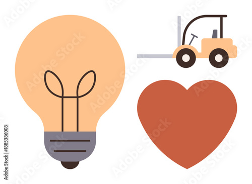 Innovation, passion, industrial solutions, logistics, creativity, and productivity. A lightbulb, a red heart and a forklift in a flat minimalist style. Innovation and passion concepts reflected