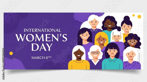 International Womens Day banner with diverse group of women celebrating equality and empowerment vector illustration for March 8th