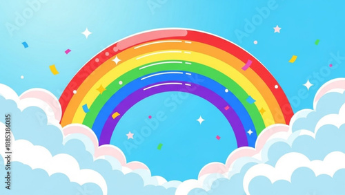 Vibrant rainbow arching over fluffy clouds with confetti symbolizing hope and joy perfect for celebratory designs and childrens themes