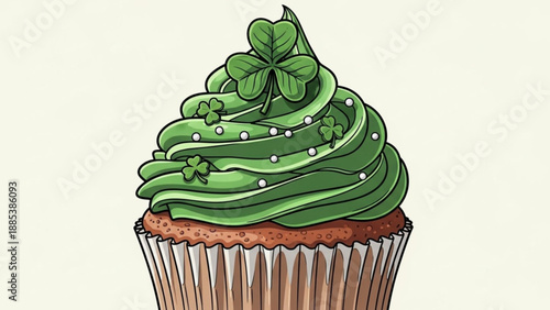 Green frosted cupcake with shamrock decorations St Patricks Day treat festive dessert illustration for celebration and holiday themes