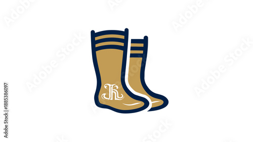 Stylized illustration of two tall boots in beige and navy. An intricate emblem resides on the left boot