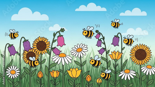 Cute cartoon bees flying around a vibrant field of wildflowers and sunflowers perfect for childrens illustrations and spring-themed designs
