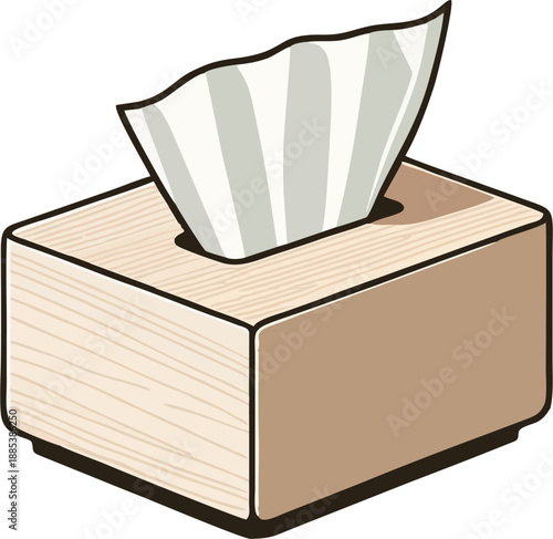 Flat Cartoon Wooden Tissue Box Dispenser with Pulling White Tissue Sheets – Rustic Home Decor Holder Vector Illustration