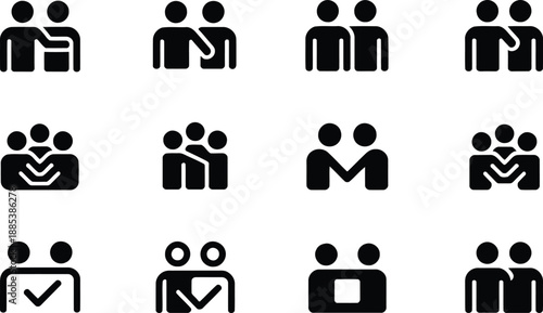 A collection of twelve black human silhouette icons symbolizing community, partnership, and agreement on white