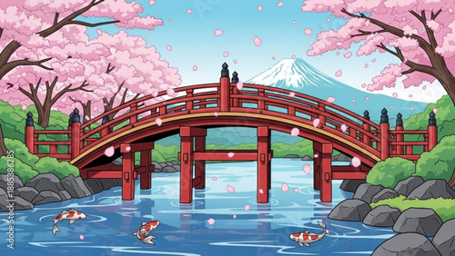 Japanese landscape with a red bridge cherry blossoms koi fish in water and Mount Fuji in the background spring season illustration