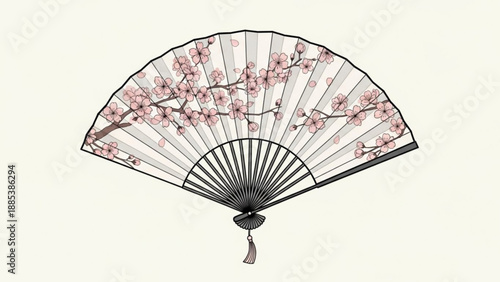 Traditional Japanese folding fan with cherry blossom branches elegant oriental accessory for summer isolated on a light background