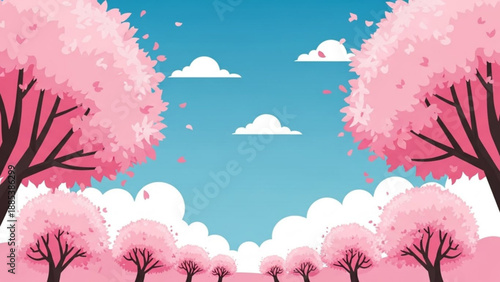Vibrant cherry blossom trees in full bloom under a bright blue sky with fluffy clouds a beautiful spring landscape illustration for seasonal design
