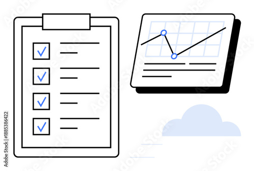 Task checklist with checkmarks next to a rising analytics chart and cloud element. Ideal for productivity, planning, data analysis, project management, completion, organization, and teamwork. A
