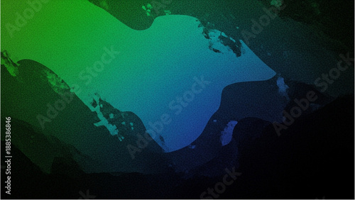 A serene lake surrounded by mountains under a vibrant green and blue gradient sky viewed from a distant aerial perspective