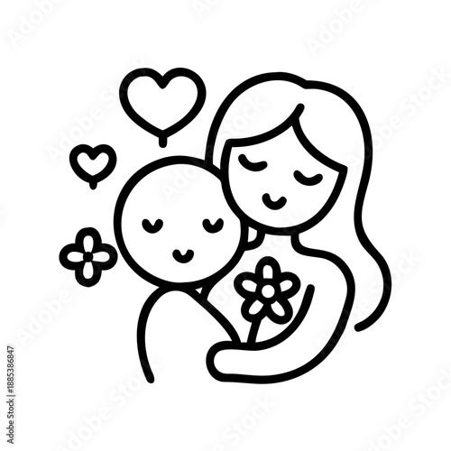 Embrace of Affinity: An illustrative portrayal of a tender moment as a mother lovingly embraces a child, encircled by symbols of affection, conveying a profound sense of warmth and affection.