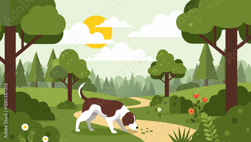 Vector illustration of a dog sniffing on a forest path surrounded by trees and flowers