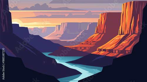 Vector illustration of a serene canyon landscape with a winding river and rocky cliffs at sunset viewpoint 240.eps