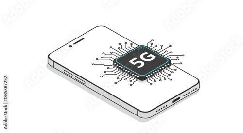 Isometric illustration of a smartphone with a visible 5G chip on its screen
