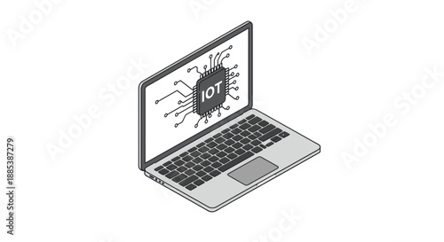 Isometric laptop displaying a central circuit board chip labeled IOT on the screen