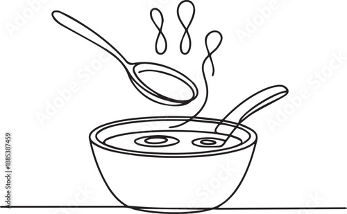 Continuous line drawing of spoon pouring into a bowl with liquid and eggs on a flat surface from a side view