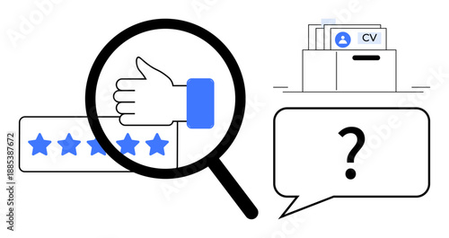 Recruitment process concept. Recruitment highlights candidate evaluation and decision-making. Recruitment visuals feature CVs, magnifying glass, and discussion. For HR, hiring, team selection