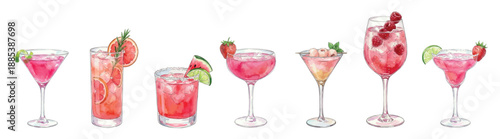 Festive pink cocktail set, vectors isolated on white background: Cosmopolitan, Paloma Rosé, Watermelon Margarita, Strawberry Daiquiri, Lychee Martini, Raspberry Spritz, Pink Margarita