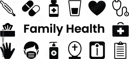 A comprehensive array of black icons symbolizing various elements of family health, medical treatment, and personal well being