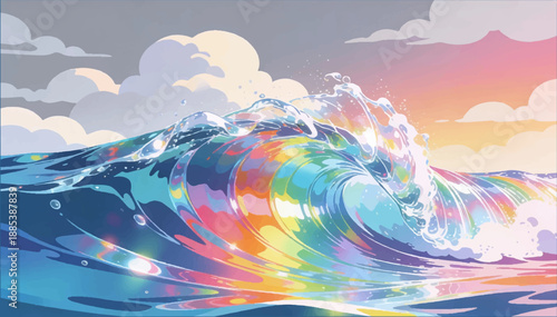 A vector vivid illustration of a crystal-clear wave in the sea, shimmering with all the colors of the rainbow, against a backdrop of a cloudy sky_04.