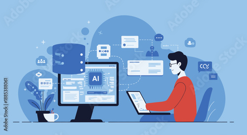 Man works on laptop near desktop showing AI chip large database server