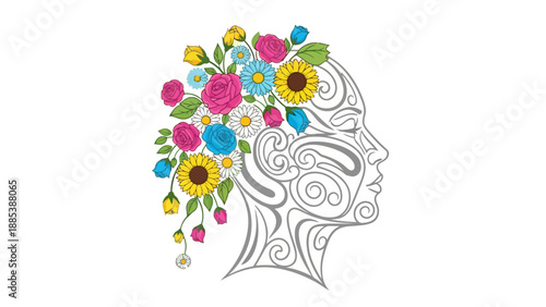 Profile outline of a face with colorful flowers adorning the head area