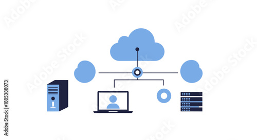 Network diagram featuring cloud computing servers and a laptop connected centrally