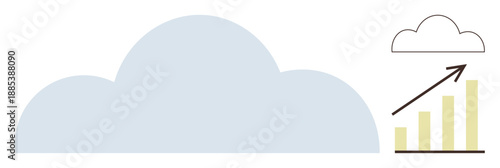 Technology innovation, cloud computing, business analytics, performance growth, data storage, digital transformation. Large cloud with upward graph bars. Cloud computing and performance growth