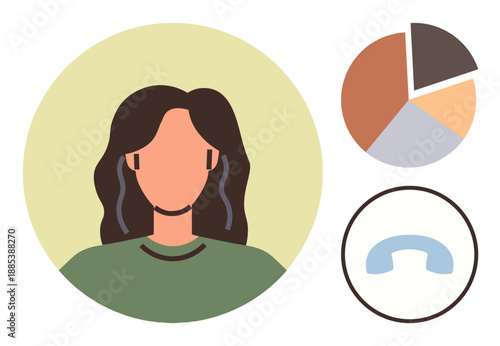 Communication, teamwork, analytics, business trends, phone support, presentation. Female figure, pie chart phone icon on beige background. Communication and teamwork through key symbols