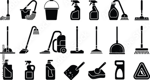 A comprehensive assortment of essential black silhouette cleaning icons displayed on a clean white background