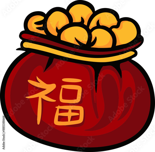 Vibrant illustrative depiction of a traditional red Chinese fortune bag overflowing with glistening golden coins, symbolizing prosperity, good luck, and blessings for festive celebrations