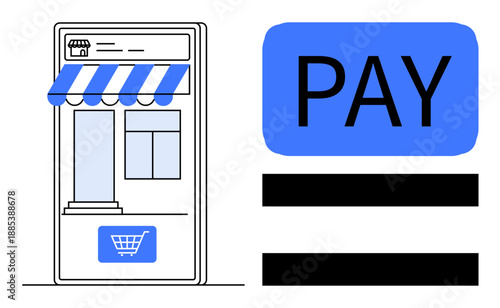 Mobile storefront screen with shopping cart, striped awning, and bold PAY button emphasizing e-commerce. Ideal for retail, fintech, online business, transactions, payment systems, marketing