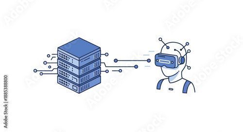 Server stack connecting to a person wearing a VR headset via data lines