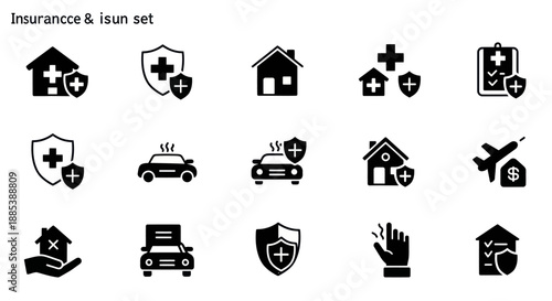 Set of 15 black and white insurancerelated icons in three rows
