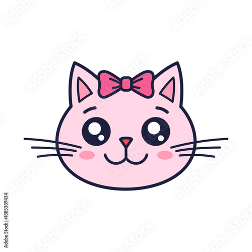 Cute kawaii cat girl with hair bow. Illustration for children clothing design, gender parties, baby shower cards and invitations. Outline cat character, vector