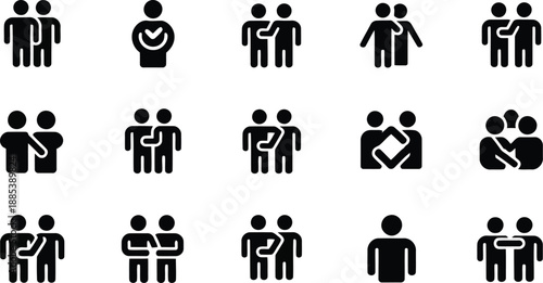 A comprehensive collection of black silhouette icons showcasing diverse human interactions, pairings, and verified connections