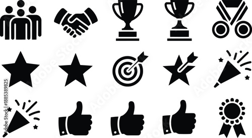 A comprehensive collection of black success, achievement, and business related icons on white background