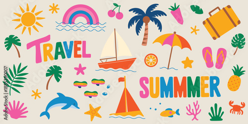Hand Drawn Summer Design Elements Vector Collection with Cute Stickers for Covers, Scrapbooking, Home Decor, Stationery, and Creative Craft Projects