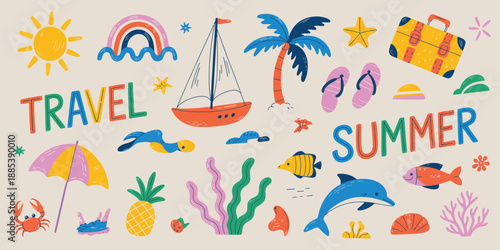Hand Drawn Summer Design Elements Vector Collection with Cute Stickers for Covers, Scrapbooking, Home Decor, Stationery, and Creative Craft Projects