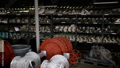 Industrial valves and plumbing parts on warehouse shelves